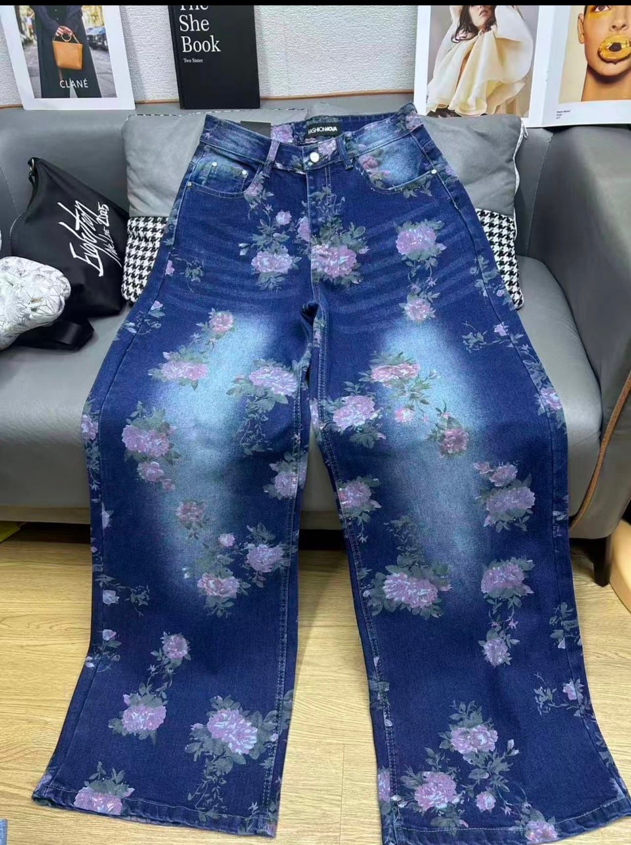 Floral print wide leg denim jeans