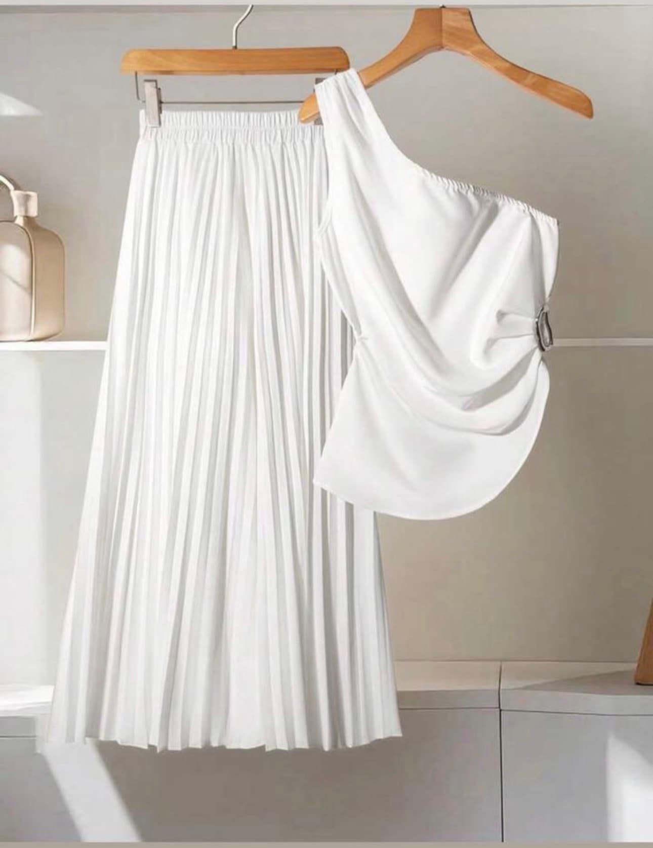 White one-shoulder pleated two-piece set